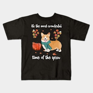 Corgi Dog Autumn Fall Most Wonderful Time Maple Gift Kids T-Shirt